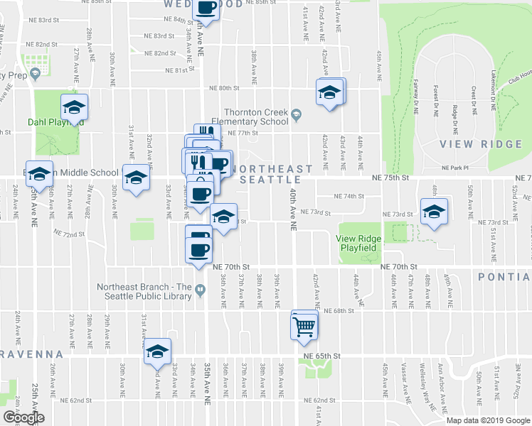 map of restaurants, bars, coffee shops, grocery stores, and more near 7326 39th Avenue Northeast in Seattle