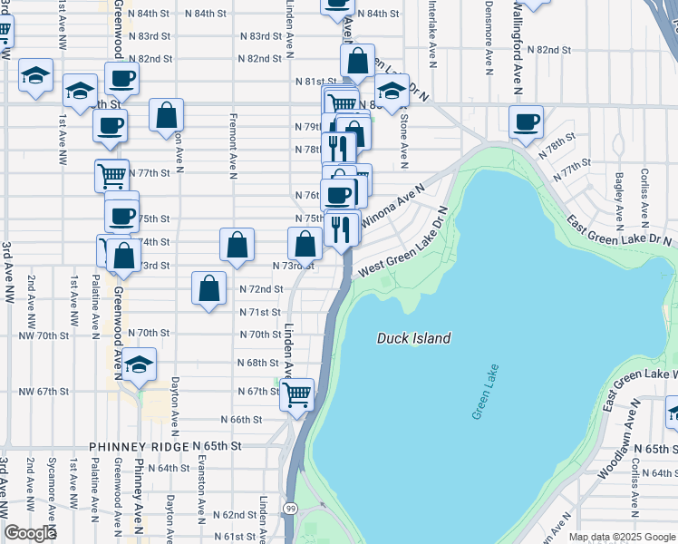 map of restaurants, bars, coffee shops, grocery stores, and more near 7301 Highway 99 in Seattle