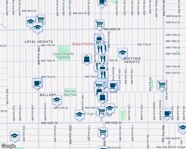 map of restaurants, bars, coffee shops, grocery stores, and more near in Seattle