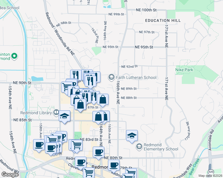 map of restaurants, bars, coffee shops, grocery stores, and more near 8851 166th Avenue Northeast in Redmond