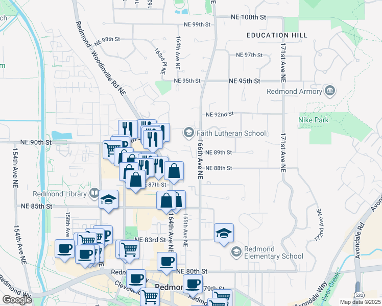map of restaurants, bars, coffee shops, grocery stores, and more near 8835 166th Avenue Northeast in Redmond