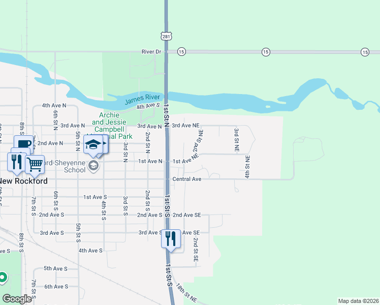 map of restaurants, bars, coffee shops, grocery stores, and more near 101-299 2nd Street Northeast in New Rockford