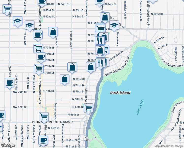 map of restaurants, bars, coffee shops, grocery stores, and more near in Seattle