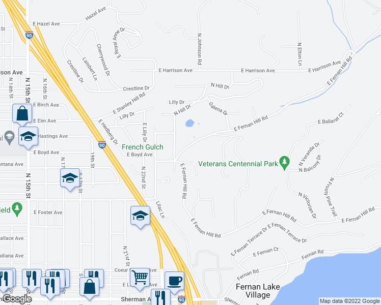 map of restaurants, bars, coffee shops, grocery stores, and more near 2640 East French Gulch Road in Coeur d'Alene