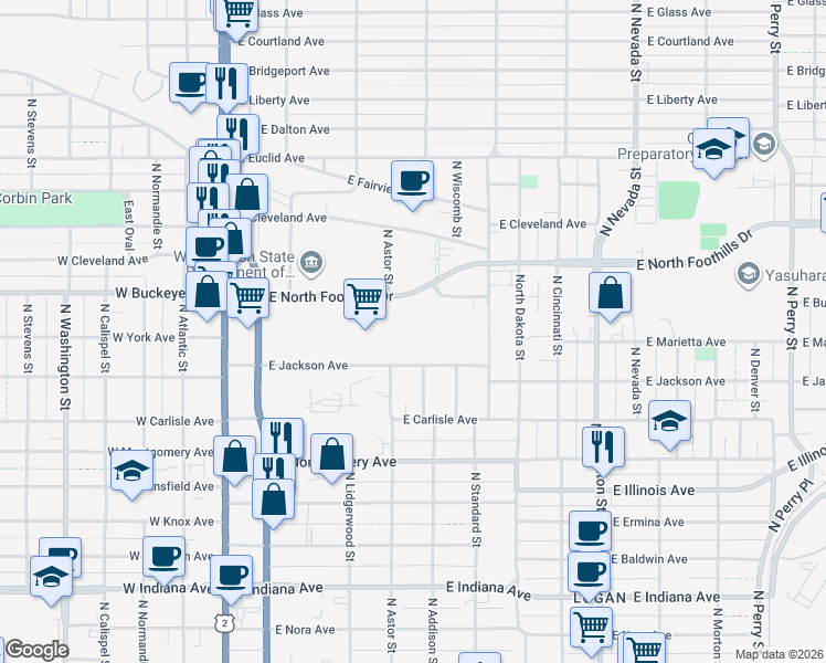 map of restaurants, bars, coffee shops, grocery stores, and more near 322 East North Foothills Drive in Spokane