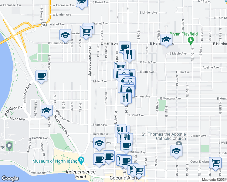 map of restaurants, bars, coffee shops, grocery stores, and more near 901 North 3rd Street in Coeur d'Alene