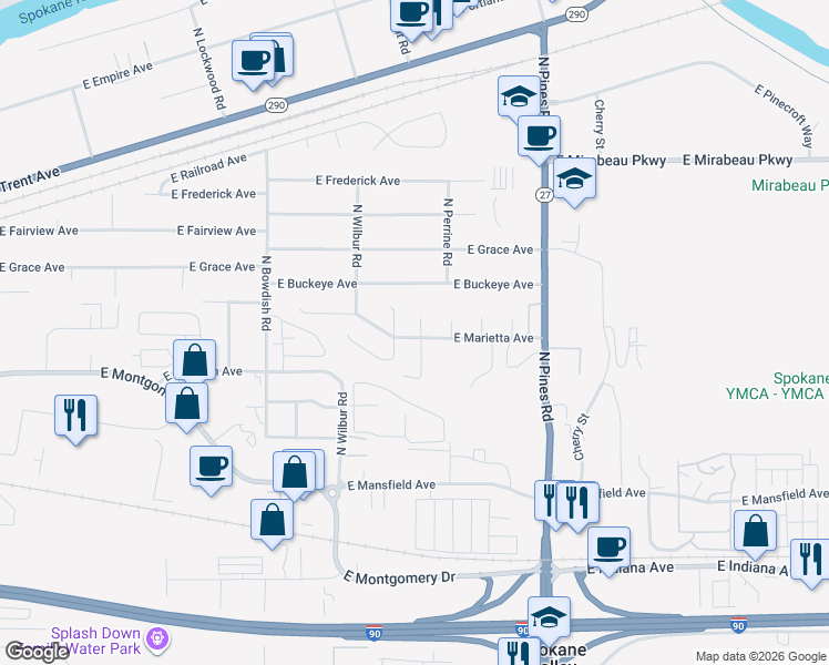 map of restaurants, bars, coffee shops, grocery stores, and more near 2723 North Gary Laurie Court in Spokane Valley