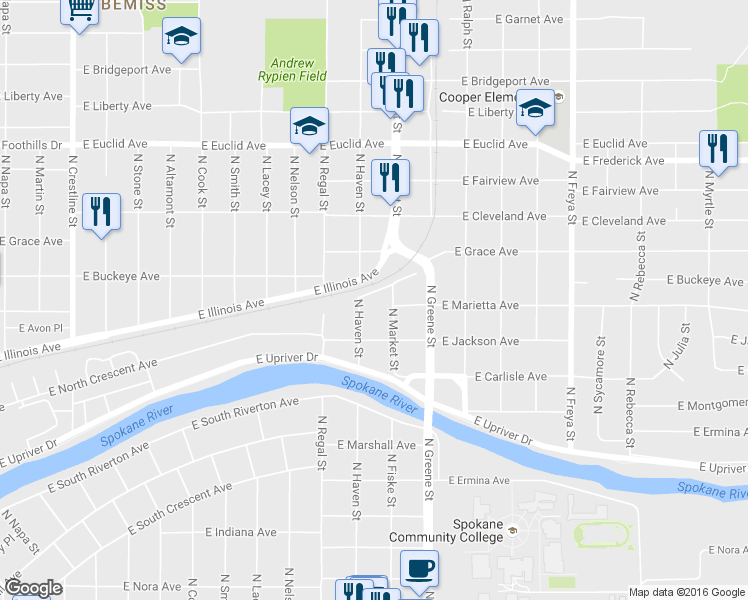 map of restaurants, bars, coffee shops, grocery stores, and more near 42 North Market Street in Spokane
