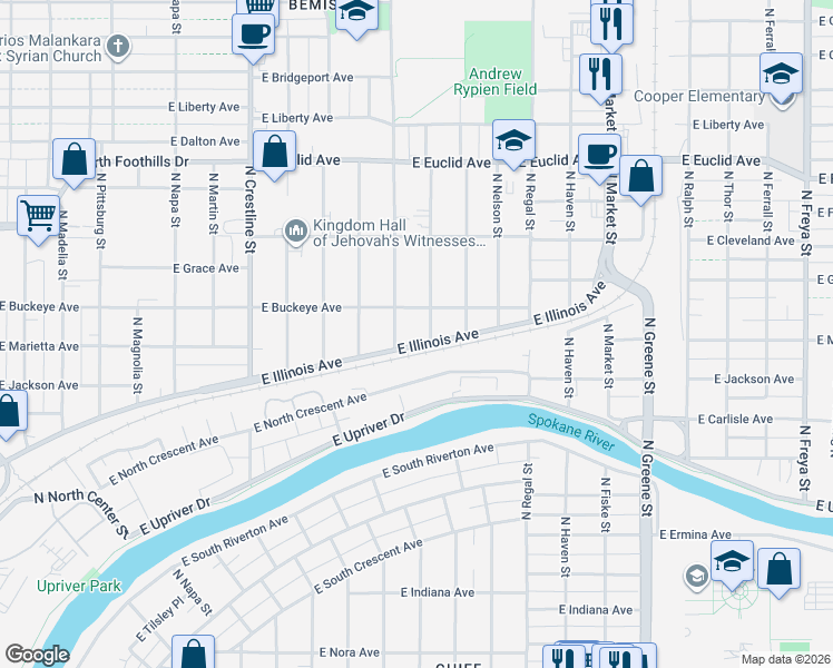 map of restaurants, bars, coffee shops, grocery stores, and more near 2617 North Smith Street in Spokane