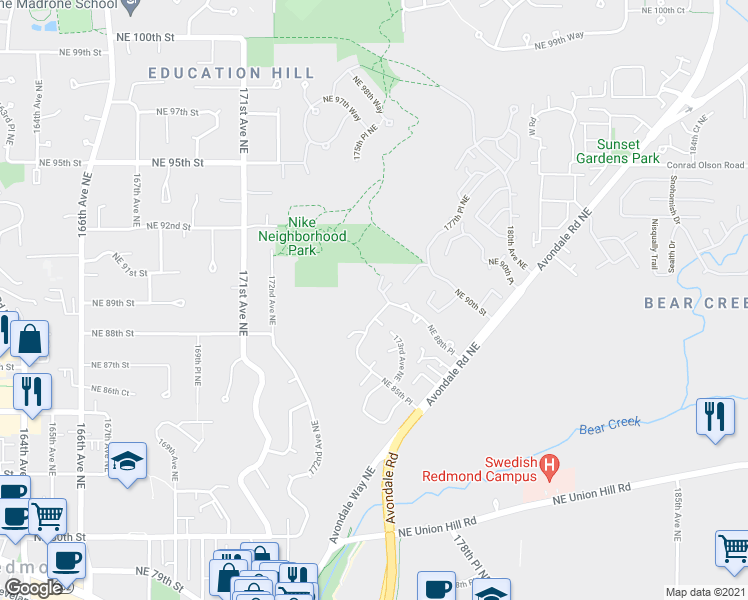 map of restaurants, bars, coffee shops, grocery stores, and more near 17424 Northeast 88th Place in Redmond