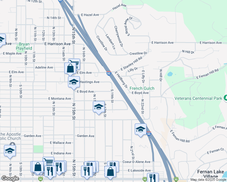 map of restaurants, bars, coffee shops, grocery stores, and more near 1002 North 19th Street in Coeur d'Alene