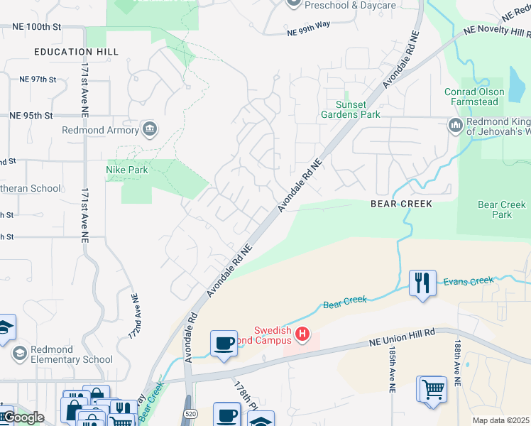 map of restaurants, bars, coffee shops, grocery stores, and more near 17928 Northeast 90th Street in Redmond