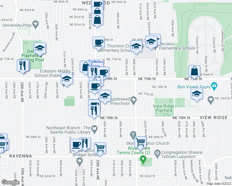 map of restaurants, bars, coffee shops, grocery stores, and more near 38th Avenue Northeast & Northeast 73rd Place in Seattle