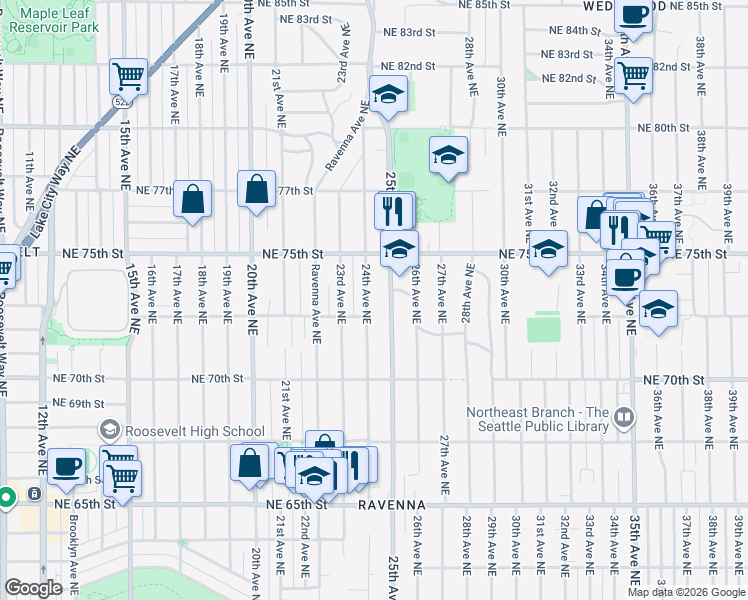 map of restaurants, bars, coffee shops, grocery stores, and more near 7389 25th Avenue Northeast in Seattle