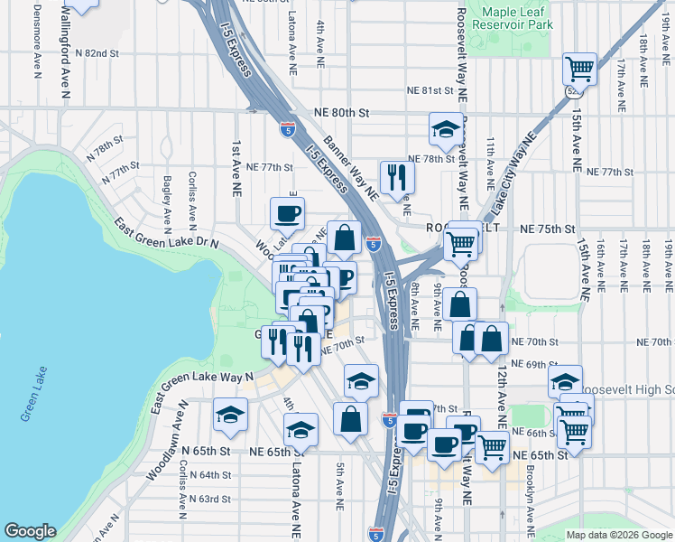 map of restaurants, bars, coffee shops, grocery stores, and more near 436 Northeast 73rd Street in Seattle
