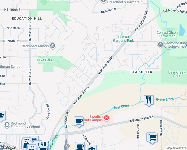 map of restaurants, bars, coffee shops, grocery stores, and more near 17928 Northeast 90th Street in Redmond