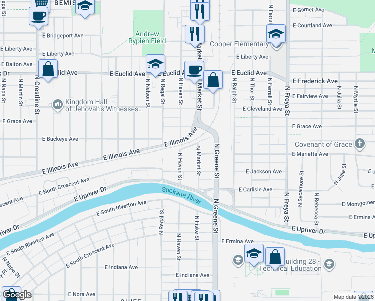 map of restaurants, bars, coffee shops, grocery stores, and more near 42 North Market Street in Spokane