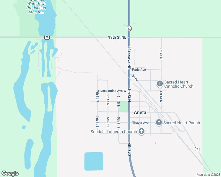 map of restaurants, bars, coffee shops, grocery stores, and more near 523 Jessamine Avenue West in Aneta