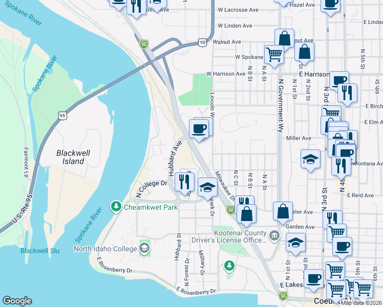 map of restaurants, bars, coffee shops, grocery stores, and more near 969 Northwest Boulevard in Coeur d'Alene