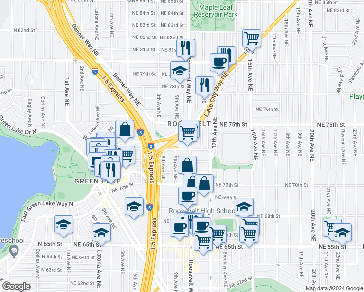 map of restaurants, bars, coffee shops, grocery stores, and more near 912 Northeast 73rd Street in Seattle