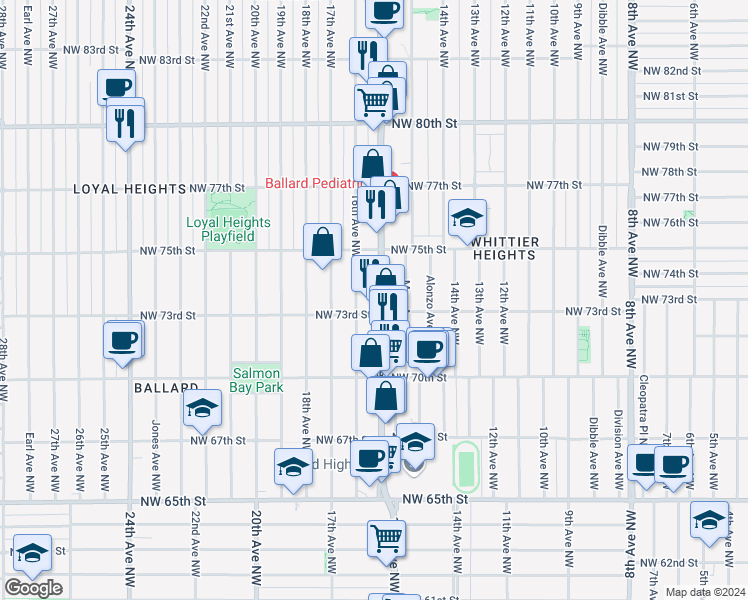 map of restaurants, bars, coffee shops, grocery stores, and more near 7311 15th Avenue Northwest in Seattle