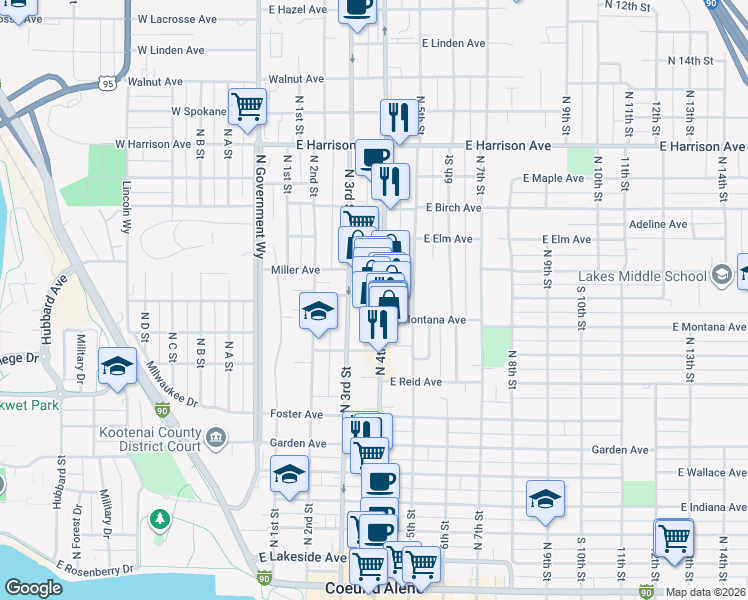 map of restaurants, bars, coffee shops, grocery stores, and more near 901 North 4th Street in Coeur d'Alene