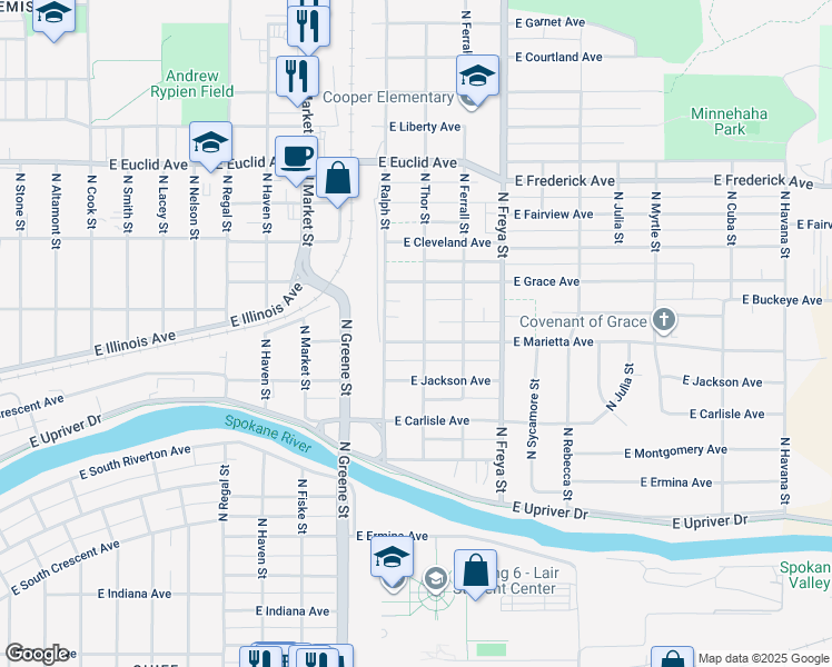 map of restaurants, bars, coffee shops, grocery stores, and more near 3329 East Marietta Avenue in Spokane