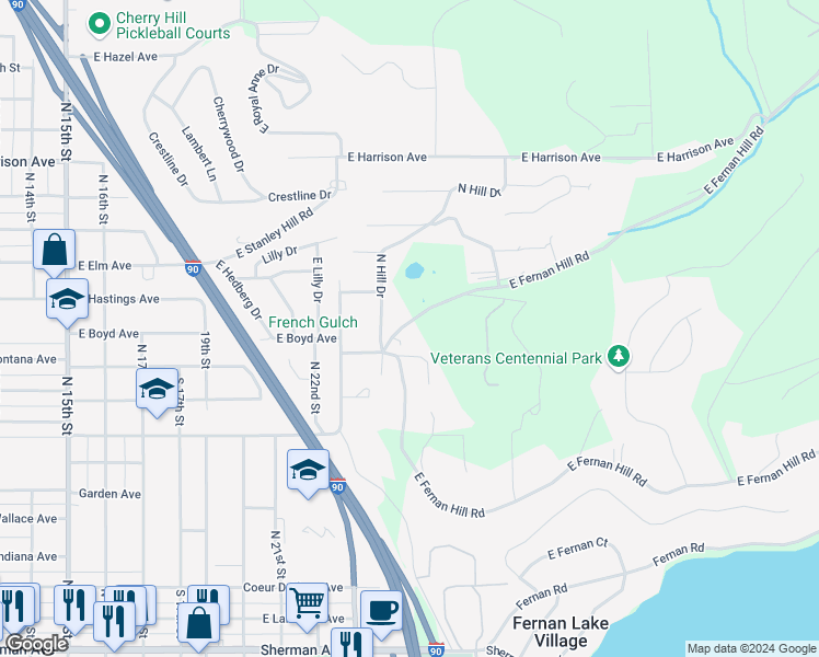 map of restaurants, bars, coffee shops, grocery stores, and more near 2640 East French Gulch Road in Coeur d'Alene
