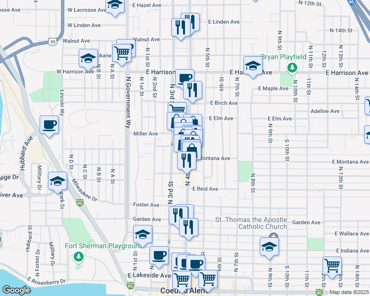 map of restaurants, bars, coffee shops, grocery stores, and more near 901 North 4th Street in Coeur d'Alene