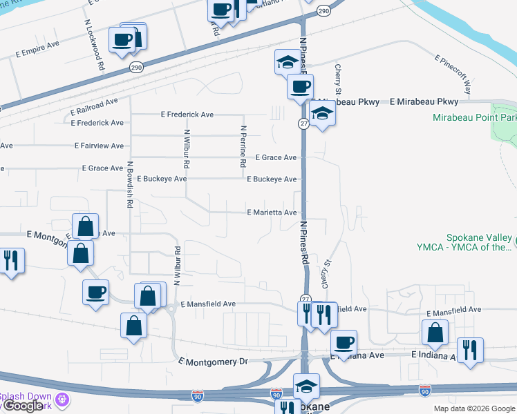 map of restaurants, bars, coffee shops, grocery stores, and more near 2714 North Perrine Court in Spokane Valley