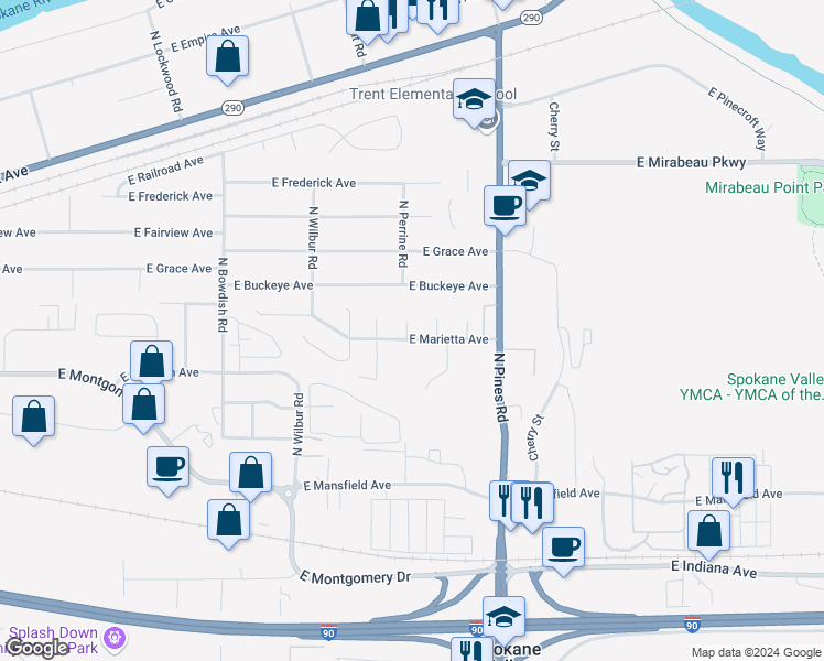 map of restaurants, bars, coffee shops, grocery stores, and more near 2714 North Perrine Court in Spokane Valley