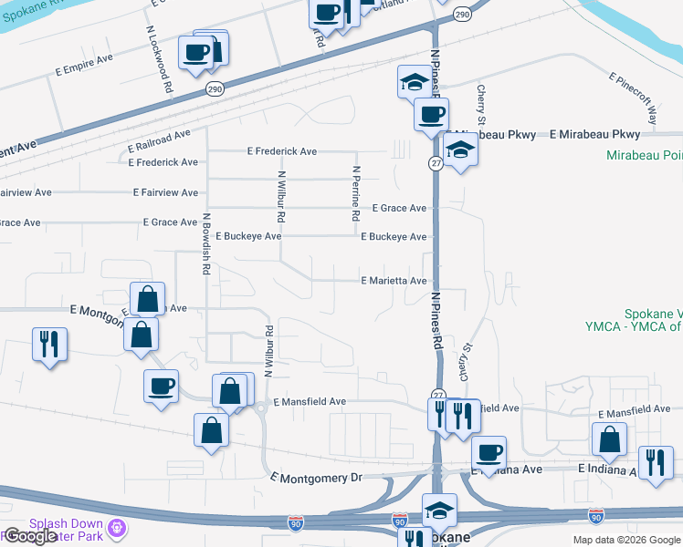 map of restaurants, bars, coffee shops, grocery stores, and more near 2723 North Gary Laurie Court in Spokane Valley