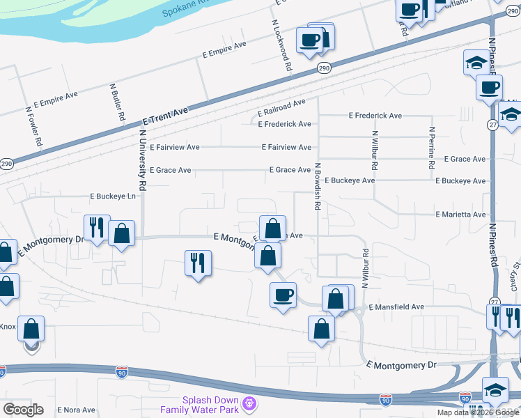 map of restaurants, bars, coffee shops, grocery stores, and more near 11303 East Jackson Avenue in Spokane Valley