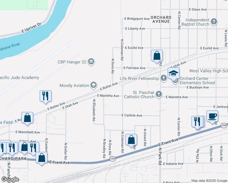 map of restaurants, bars, coffee shops, grocery stores, and more near 6900 East Trent Avenue in Spokane