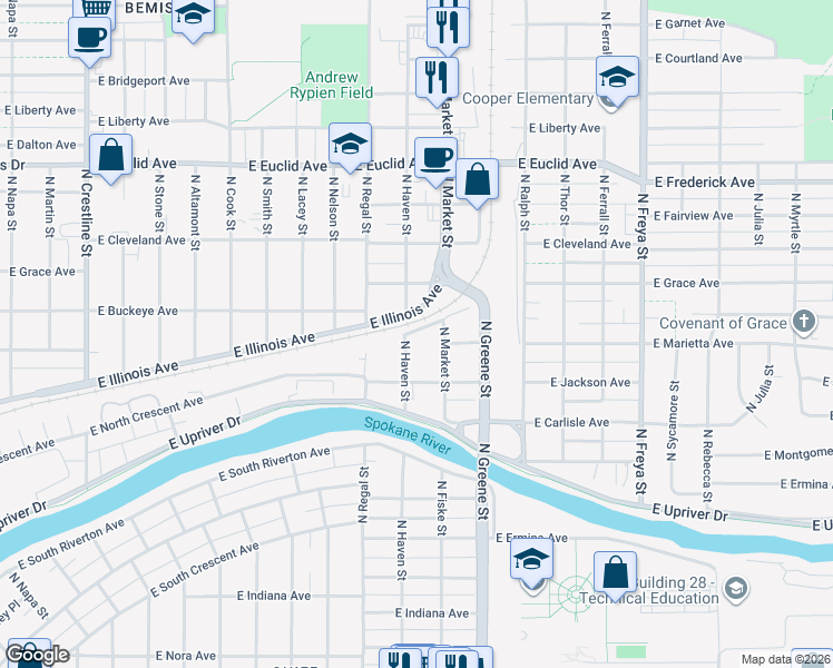 map of restaurants, bars, coffee shops, grocery stores, and more near 42 North Market Street in Spokane