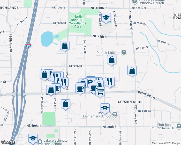 map of restaurants, bars, coffee shops, grocery stores, and more near 8744 126th Avenue Northeast in Kirkland