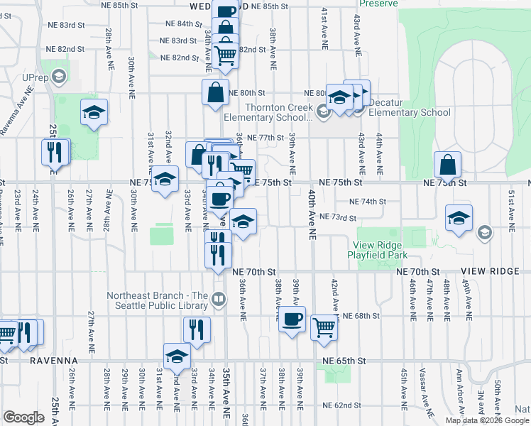 map of restaurants, bars, coffee shops, grocery stores, and more near 7326 38th Avenue Northeast in Seattle