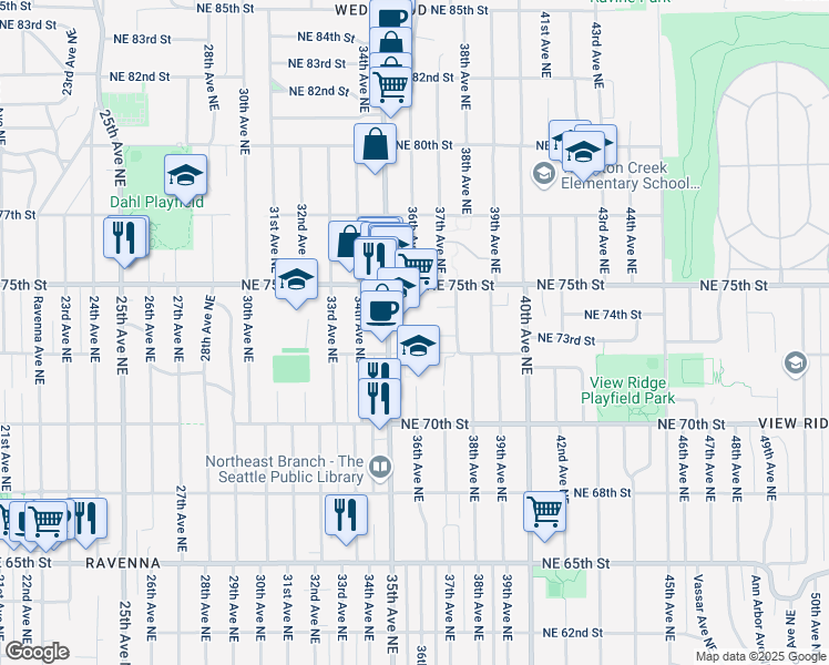 map of restaurants, bars, coffee shops, grocery stores, and more near 3604 Northeast 73rd Place in Seattle