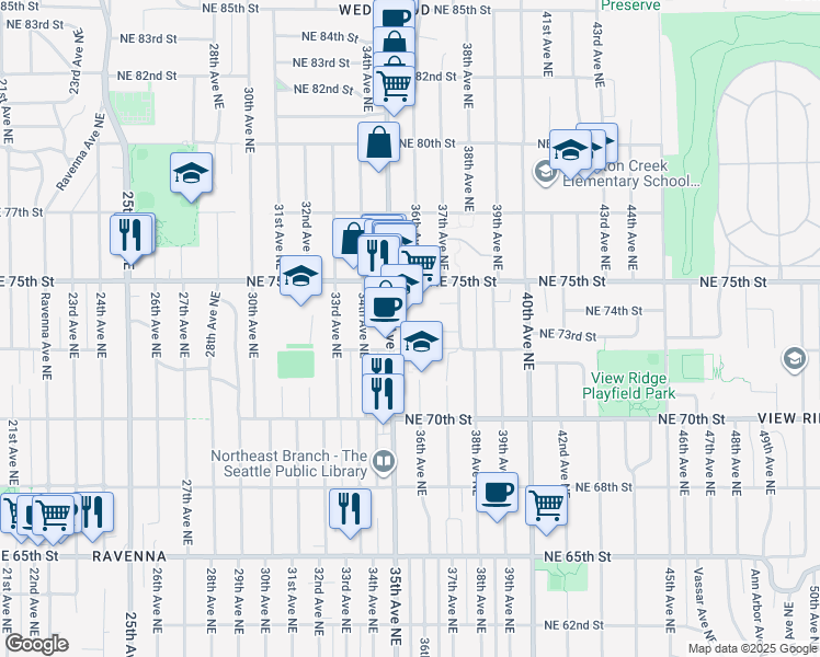 map of restaurants, bars, coffee shops, grocery stores, and more near 3604 Northeast 73rd Place in Seattle