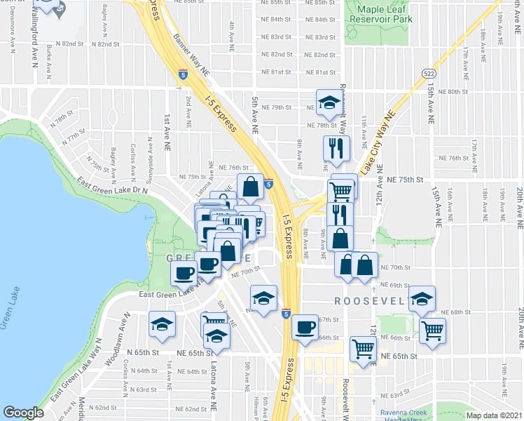 map of restaurants, bars, coffee shops, grocery stores, and more near 513 Northeast 74th Street in Seattle
