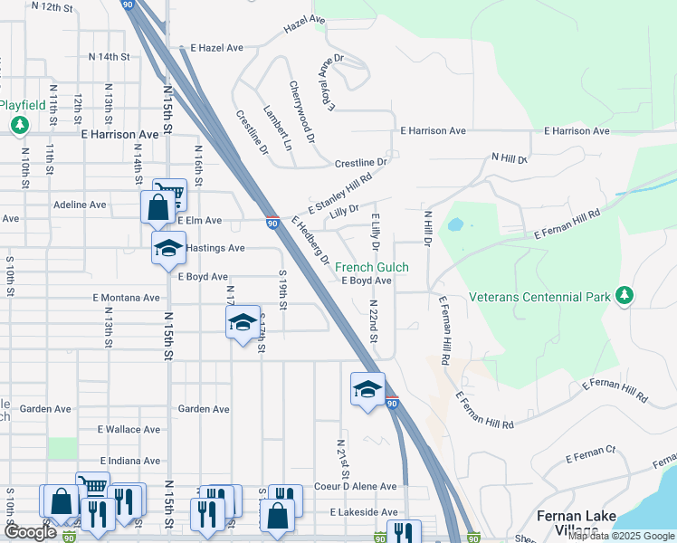 map of restaurants, bars, coffee shops, grocery stores, and more near 920 East Hedberg Drive in Coeur d'Alene