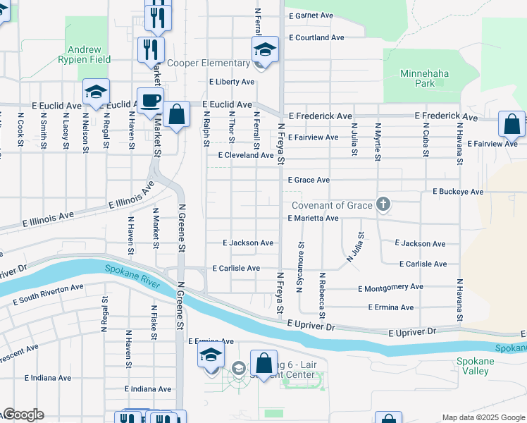 map of restaurants, bars, coffee shops, grocery stores, and more near 3507 East Marietta Avenue in Spokane
