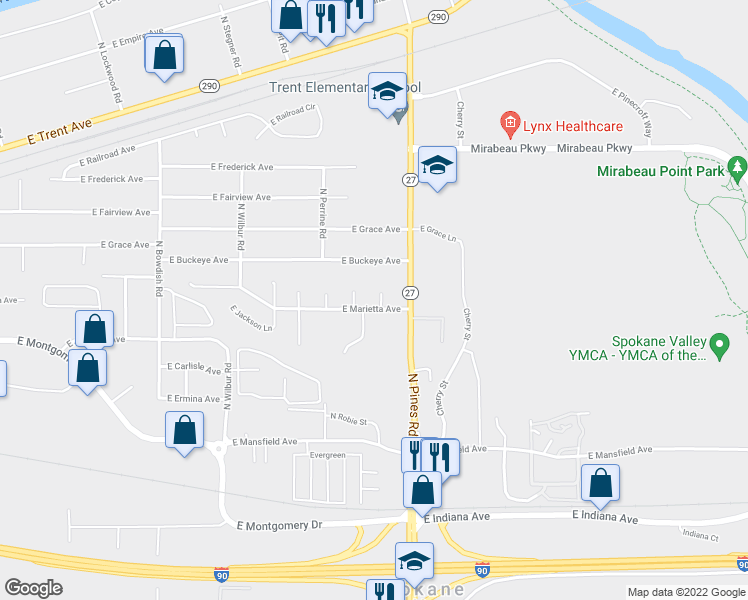 map of restaurants, bars, coffee shops, grocery stores, and more near 2707 North Whipple Court in Spokane Valley