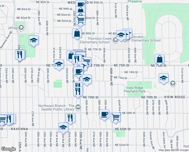 map of restaurants, bars, coffee shops, grocery stores, and more near 7326 38th Avenue Northeast in Seattle