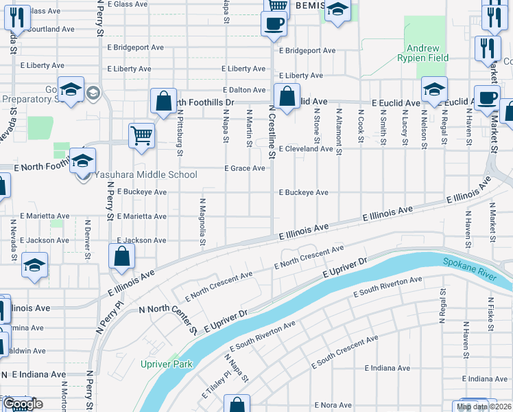 map of restaurants, bars, coffee shops, grocery stores, and more near 2612 North Martin Street in Spokane