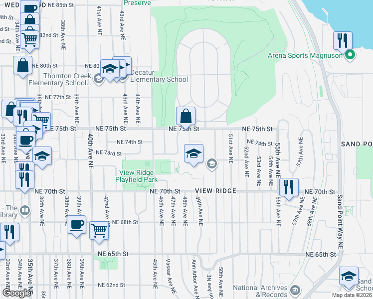 map of restaurants, bars, coffee shops, grocery stores, and more near 7325 48th Avenue Northeast in Seattle