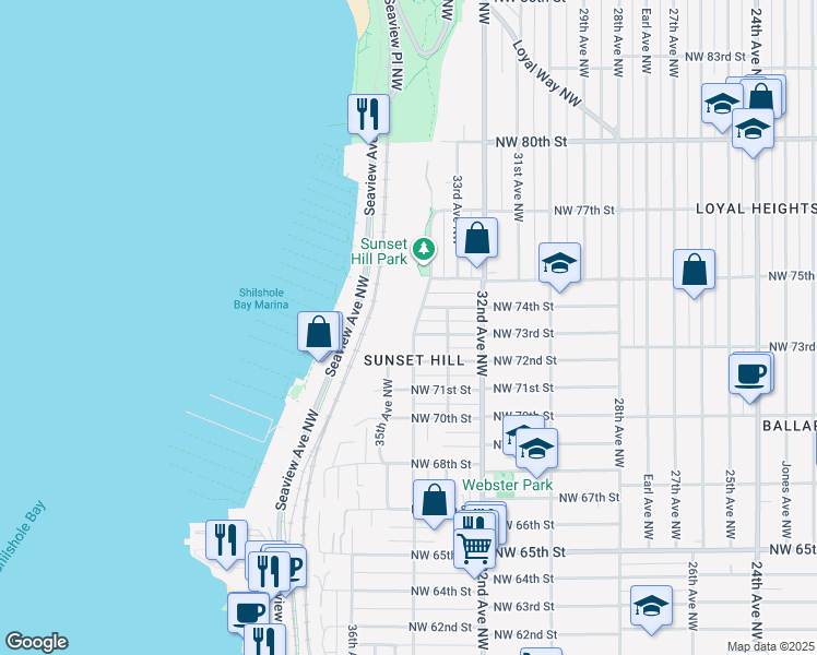 map of restaurants, bars, coffee shops, grocery stores, and more near 7305 34th Avenue Northwest in Seattle