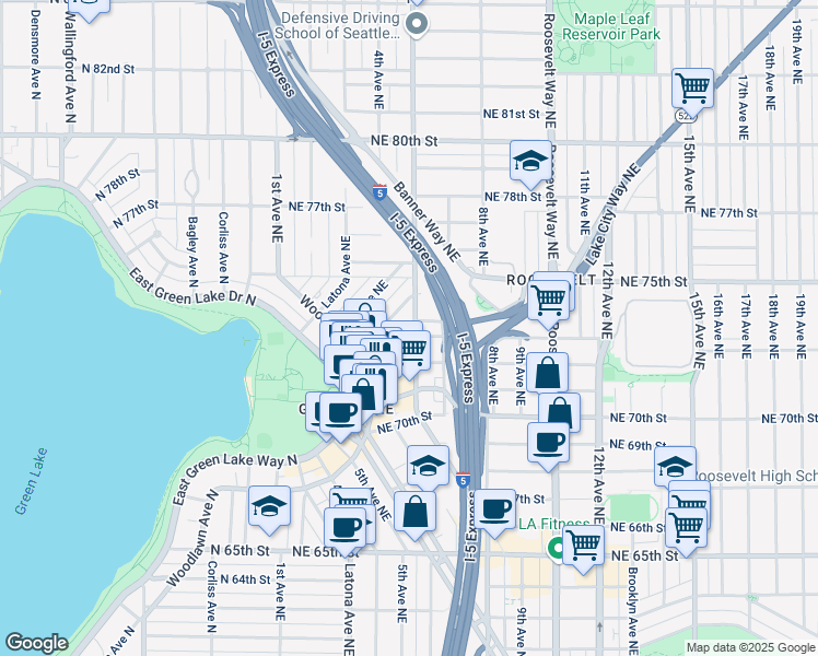 map of restaurants, bars, coffee shops, grocery stores, and more near 445 Northeast Maple Leaf Place in Seattle