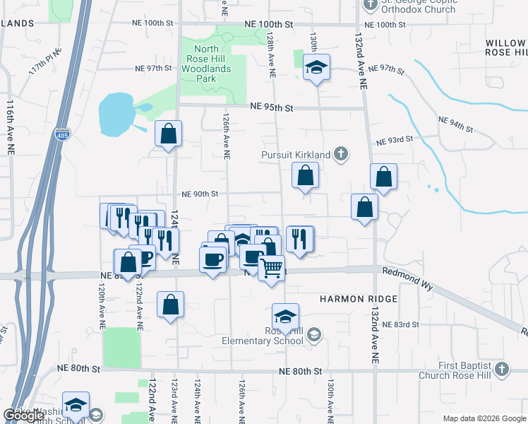 map of restaurants, bars, coffee shops, grocery stores, and more near 12712 Northeast 88th Lane in Kirkland