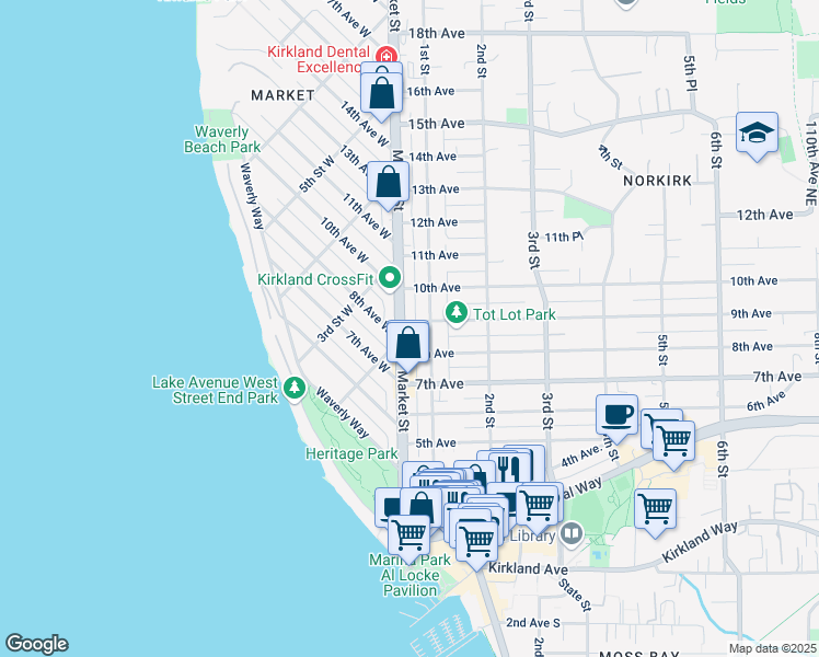 map of restaurants, bars, coffee shops, grocery stores, and more near 820 Market Street in Kirkland